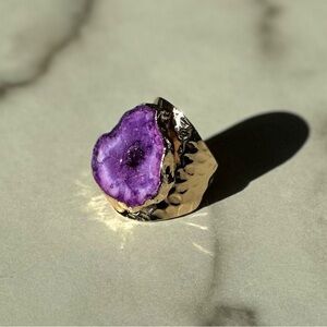NEW Luxury Natural Stone Adjustable Crystal Irregular Geode Gold-plated Ring